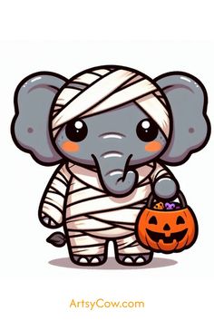 an elephant with a bandage on its head holding a pumpkin