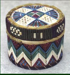 a decorative box is sitting on the floor with it's lid open and colorful designs