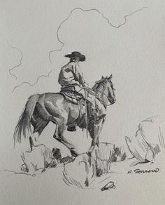 a drawing of a man riding on the back of a horse in front of some rocks