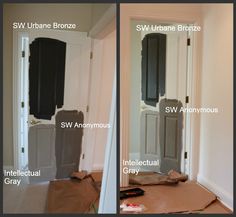 before and after pictures of an interior door being painted with different shades of gray paint