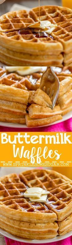 buttermilk waffles with syrup being drizzled on top