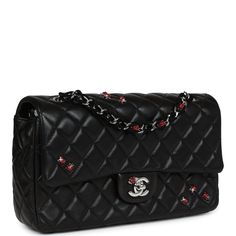 This medium classic single flap bag is in Black quilted lambskin leather with silvertone hardware and features Red and Silver lady bugs on the body of the bag, a front flap with signature CC turnlock closure, and a half moon back pocket.The interior is lined in Black grossgrain leather with the one zippered pocket with pull on rear wall, one slip pocket and an adjustable doubled Silver tone strap interwoven with black rope chainlink with Red and Silver Lady Bugs placed throughout.Collection: 14 Quilted Leather Double Flap Bag, Chanel Box, Ladies Bag, Lady Bugs, Red And Silver, Black Rope, Pretty Bags, Black Quilt, Wish List