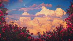 the sky is full of clouds and pink flowers in front of it, with a half moon visible