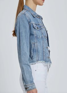 This denim jacket is PERFECT for any outfit. Crops at the waist line with a raw edge bottom, making it ideal for pairing with dresses. Sleeves are extra long for over the wrist coverage. FINAL SALE, NO RETURNS Brand: Hidden Jeans Best seller! 73% Cotton, 27% Rayon Fits true to size Crop denim jacket with distressed hem Comfortable stretch in the shoulders Measurements for size small: Bust: 36 ½”, Length: 16 ¾” Model is wearing a size small. Crop Top Jumpsuit, Frayed Denim Jacket, Girls Denim Jacket, Fitted Denim Jacket, Fitted Jacket, Frayed Denim, Cropped Denim Jacket, Girls Denim, Jumpsuit Shorts Rompers