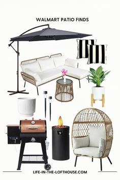 various patio furniture and accessories including an umbrella