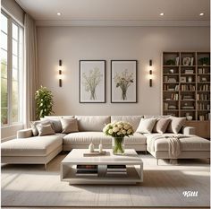 a living room filled with lots of white furniture