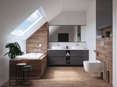 a bathroom with wooden floors and white walls, along with a skylight above the toilet