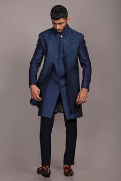 Shop for Jayesh Shah Blue Banarasi Butti Beads Embroidered Hexacut Bundi With Kurta Set for Men Online at Aza Fashions Kurta Embroidery, Indo Western For Men, Mehendi Outfit, Embroidered Beads, Wedding Dresses Men Indian, Gents Kurta, Kurta Set For Men, Indian Kurta, Wedding Dress Men