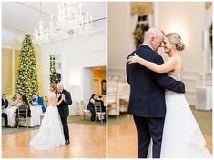 a bride and groom share their first dance at the reception in front of a christmas tree