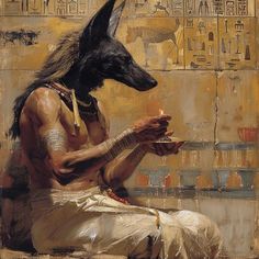 a painting of an egyptian man eating food with a dog on his lap next to him