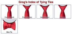 four different types of red ties with names on each tie and the words, person's index of tying ties