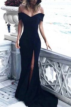 Modern Black Mermaid Evening Dress - Off-the-Shoulder Split-Occasion Dress-BallBride Mermaid Gown Prom, Split Prom Dresses, Evening Dress Long, Robes D'occasion, Strapless Prom Dresses, Satin Evening Dresses, Black Prom Dress, Black Prom, Mermaid Evening Dresses