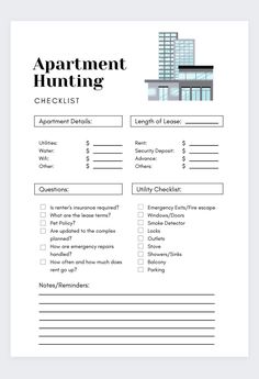 the apartment hunting checklist is shown in this printable form, which includes an image of