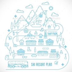 a blue and white drawing of a resort with mountains, trees, buildings, cars and snow