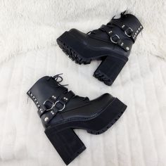 Another Great Style By Demonia 4 3/4"(12cm) Block Heel, 2 1/4"(5.75cm) Cleated Platform Full Length Inside Zip Closure Removeable Harness Strap Demonia Shoes, Gothic Punk, D Rings, Platform Ankle Boots, Chunky Boots, Star Girl, Moto Boots, Beautiful Shoes, Biker Boot