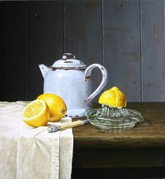 a painting of lemons and a teapot on a table