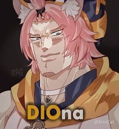 an anime character with pink hair and horns in front of a black background that says diora