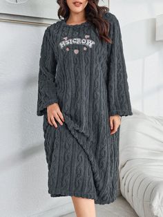 Double-Sided Fleece Dark Color Letter Embroidered Warm Long Sleeve Plus Size Women Cozy Pajama Dress Dark Grey Casual-Woman  Long Sleeve Flannelette Letter Nightgowns Slight Stretch All,Fall/Winter Women Plus Sleep and Lounge, size features are:Bust: ,Length: ,Sleeve Length: Slouchy Style, Cozy Pajamas, Pajama Dress, Sleep Dress, Dark Color, Sleepwear Women, 15 Dresses, Dress P, Winter Women