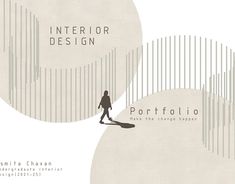 a person walking in front of two circles with the words interior design on them, make the change happen