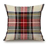 a plaid pillow on a white background with a red, black and green checkered pattern