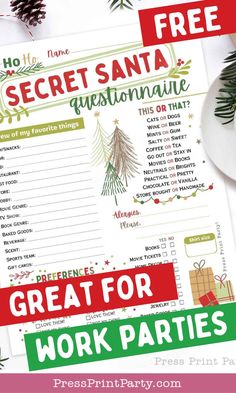 a printable christmas party game with the words, secret santa and great for work parties