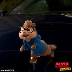 the chipmunz character is standing on top of a car with his arms out