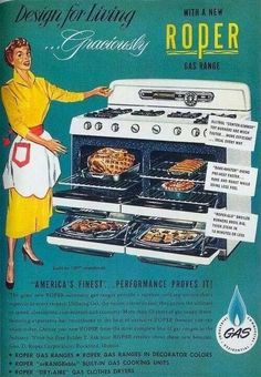 an advertisement for a new gas range from the 1950's, featuring a woman cooking food