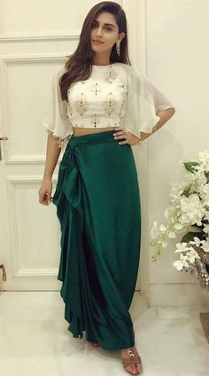 Cape Sleeve #Dhoti #Skirt has #Moti and #Stone Work. Striking Green Crop Top #Lehenga #Choli for Birthday Party is Satin dhoti Skirt and Georgette Top with Net #Dupatta. वेस्टर्न ड्रेस, भारतीय दुल्हन संबंधी, डिजाइनर कपड़े, Dhoti Saree, Skirt And Crop Top, Nikkah Dress, Mode Kimono, Indian Party Wear, Salwar Kamiz