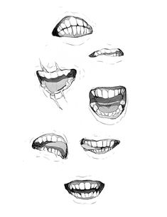 an image of mouth expressions drawn in black and white with different angles to show teeth