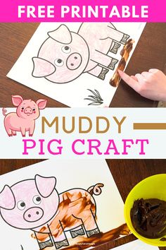 muddy pig craft - free printable pig template finger painted with chocolate pudding. School Age Farm Activities, Pig Art Activities For Preschool, Farm Animal Activities For Preschool Gross Motor, Pig Activities For Preschool Farm Unit, Free Pig Template, Muddy Pigs Sensory, Muddy Pigs Craft, Animals For Preschool Activities, Muddy Pig Craft Preschool