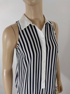 "Women's Shirt Sleeveless Striped Button Down 100% Cotton Cute Summer Top Vintage  Size 2 by INC NEW with TAGS Condition Super cute cool adorable! Women's sleeveless A-line black white striped top 100% cotton fabric, extra long length with points in front, white buttons, stitching, trim and tiny collar. High quality. Designer expensive lux. In NEW with TAGS condition. HIgh Retail Price. Easy to wear casual chic vintage for the disco sporting life. MEASUREMENTS: Length - 31\" Bust (underarms to u Sleeveless Blouse For Work With Buttons, Casual Sleeveless Shirt For Work, Spring Sleeveless Shirt For Beach, Spring Sleeveless Beach Shirt, Summer Collared Tank Top, Chic Sleeveless Shirt For Summer, Spring Beach Sleeveless Shirt, Striped Sleeveless Blouse For Day Out, Sleeveless Blouse With Button Closure For Beach