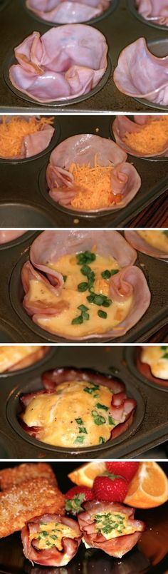 the process of making ham and cheese muffins is shown in three different stages