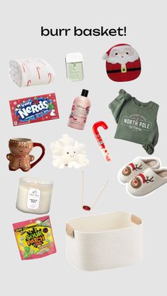 a bunch of items that are on top of a white background with the words burn basket