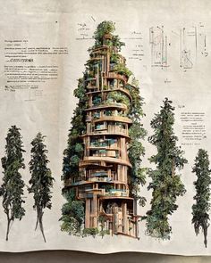 an architectural drawing of a tall building with plants growing on the top and bottom floors