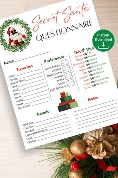 a printable secret santa questionnaire on a christmas tree with presents and decorations around it