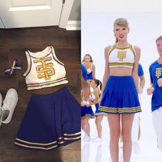 two pictures, one with a cheerleader outfit and the other with sneakers on it