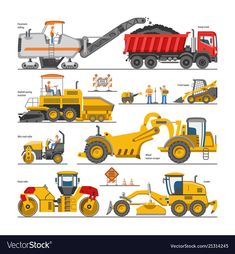 different types of construction vehicles and equipment - miscellaneous objects illustrations on separate layers, each with their own color scheme