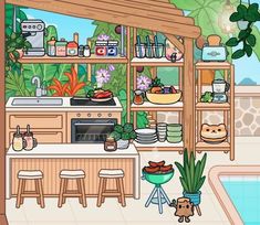 a cartoon kitchen with plants and pots on the counter, next to a swimming pool