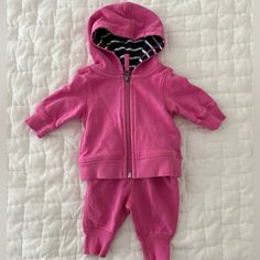 Super Cozy Zip Up Hoodie Sweatshirt And Pants. Hot Pink With Navy And White Striped Lining Inside The Hood. Never Worn, Just Washed Once In All Free And Clear Size 0-3 Months Hoodie And Pants, Hanna Andersson, Organic Baby, Zip Up Hoodie, 3 Months, Matching Sets, Hoodie Sweatshirt, Zip Hoodie, Navy And White