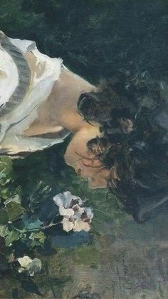 a painting of a woman laying down next to flowers