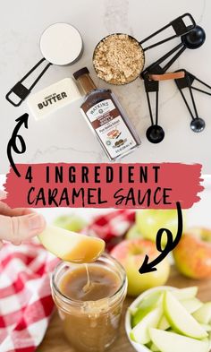 ingredients for caramel sauce on a cutting board with text overlay that reads, 4 ingredient caramel sauce