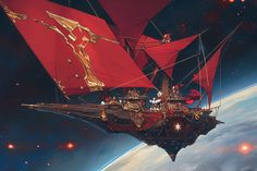 a ship floating in the air with red sails on it's side, surrounded by space