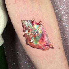 a colorful tattoo on the arm of a woman's left leg, depicting a sea shell