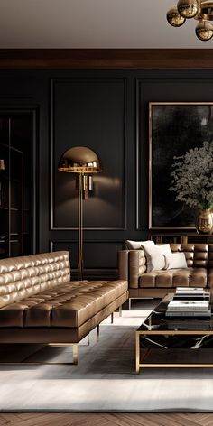 an elegant living room with black walls and gold accents, leather couches and coffee table