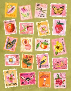 the stamps have different designs on them, including flowers and fruit with names in each