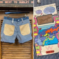 "Vintage 1960's -Deadstock- Peter Max Wrangler Denim Colorblock Jean Shorts Pants. Tag Size 29x34. Please check the measurements below. Very good condition. The label is \"Wrangler\". Original 1960's. Deadstock Peter Max jeans made into shorts. All Sales Final. Please ask any questions before purchase. Take a look at our Store for more Vintage Clothing - VintageOnHollywood. MEASUREMENTS Waist: 28\"" Vintage Bottoms With Patch Pockets For Summer, Vintage Straight Leg Cotton Shorts, Vintage Cotton Straight Leg Shorts, Retro Flare Jeans With Pockets, Retro Shorts With Pockets, Retro Straight Leg Shorts With Pockets, Vintage Selvedge Cotton Bottoms, Retro Bottoms With Hip Pockets, 60s Denim