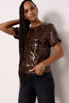 Turn heads in this stylish sequin tee by Sanctuary, featuring a crewneck silhouette, animal print fabric, and short sleeves. Pair with denim or vegan leather for a chic night-out look. | SANCTUARY Women's Sequin Perfect T-Shirt, Size Small, Brown Sequin Tee, Animal Print Fabric, Feminine Blouses, Shoe Size Conversion, Medium Brown, Fashion Flats, Print Fabric, Lifestyle Brands, Vegan Leather