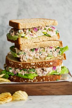 three sandwiches stacked on top of each other