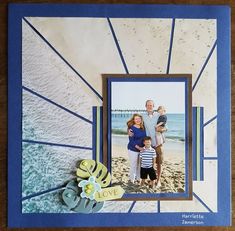 an image of a family on the beach with blue and white paper in front of it