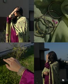 a woman in a pink dress and green shawl is holding her hand up to her face